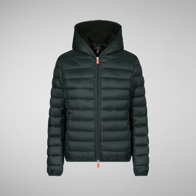Save The Duck Ethel Encapuchado Puffer Jacket with Faux Fur Lining Verde Negras | GVODS9283