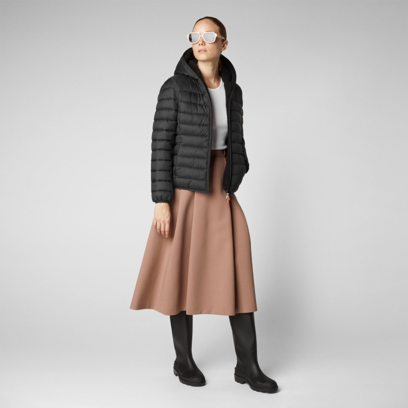 Save The Duck Ethel Encapuchado Puffer Jacket with Faux Fur Lining Negras | PIXNJ3915