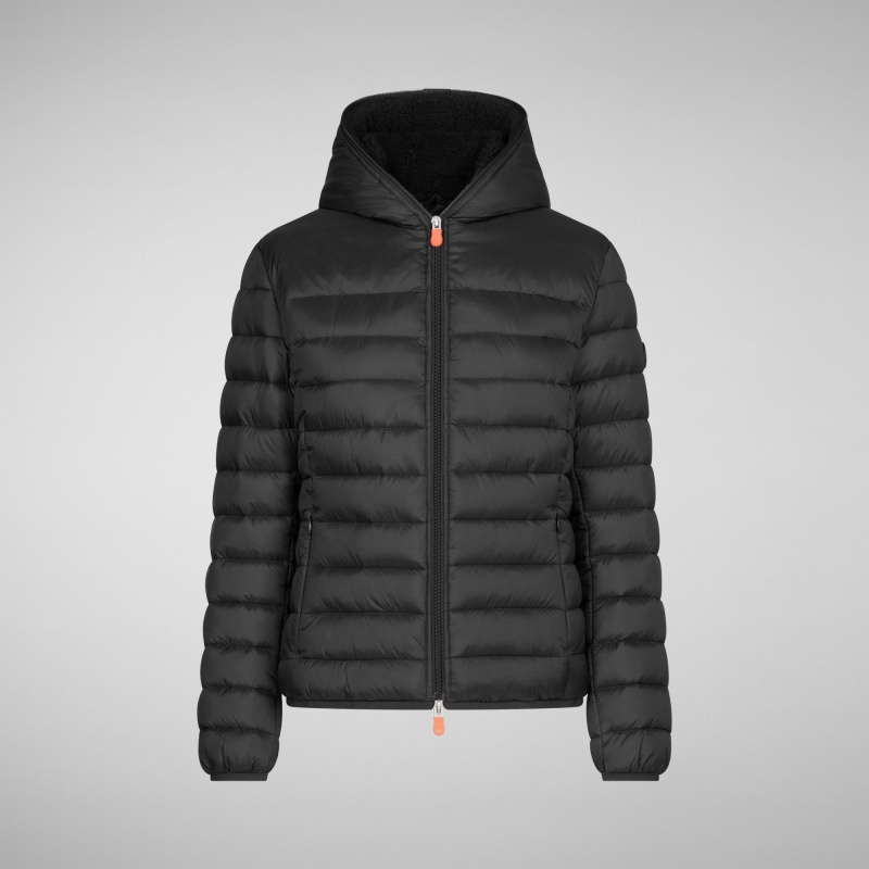 Save The Duck Ethel Encapuchado Puffer Jacket with Faux Fur Lining Negras | PIXNJ3915