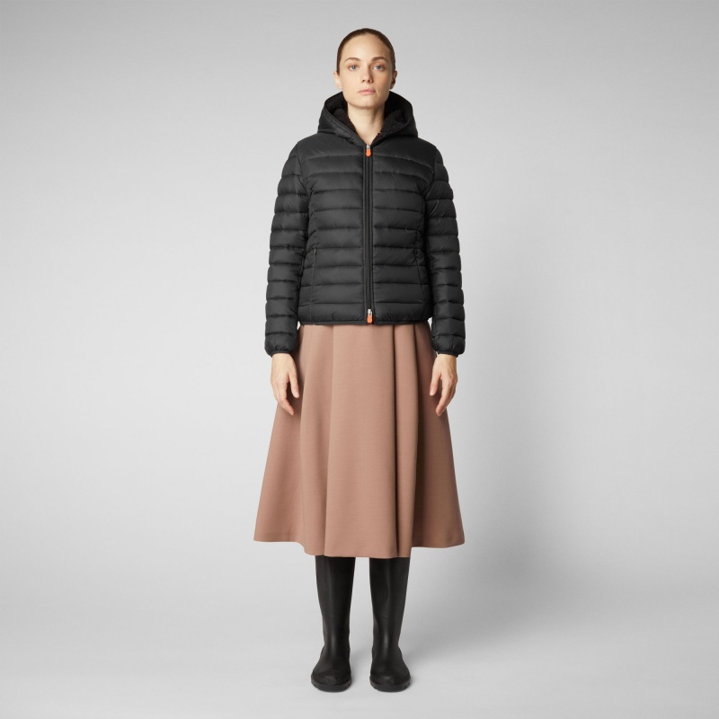 Save The Duck Ethel Encapuchado Puffer Jacket with Faux Fur Lining Negras | PIXNJ3915