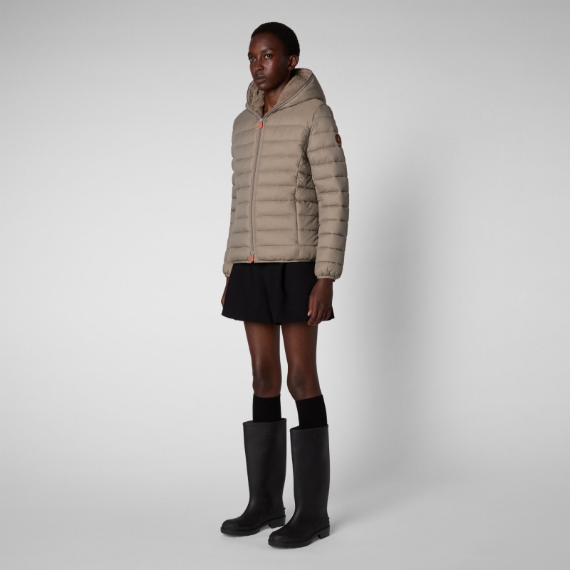 Save The Duck Ethel Encapuchado Puffer Jacket with Faux Fur Lining Gris | IGNJS9034