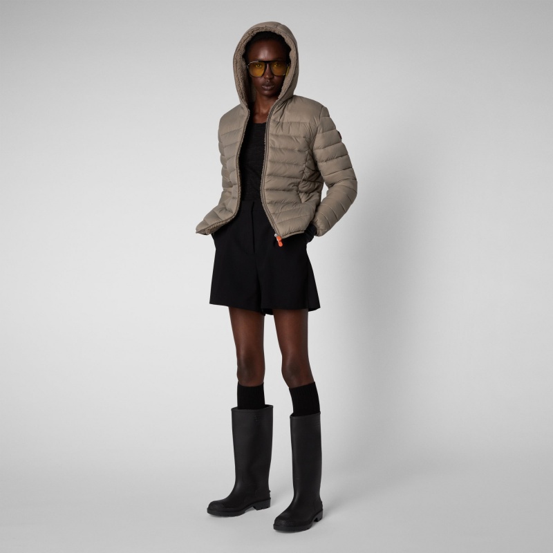 Save The Duck Ethel Encapuchado Puffer Jacket with Faux Fur Lining Gris | IGNJS9034