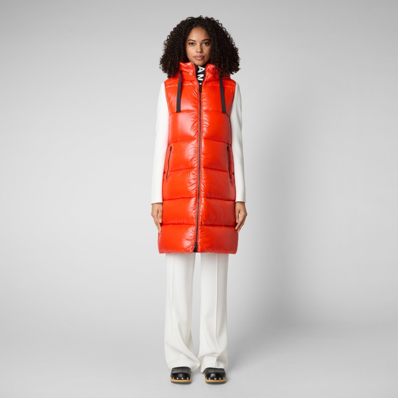 Save The Duck Iria Long Encapuchado Puffer Vest Rojas | COSPK9534
