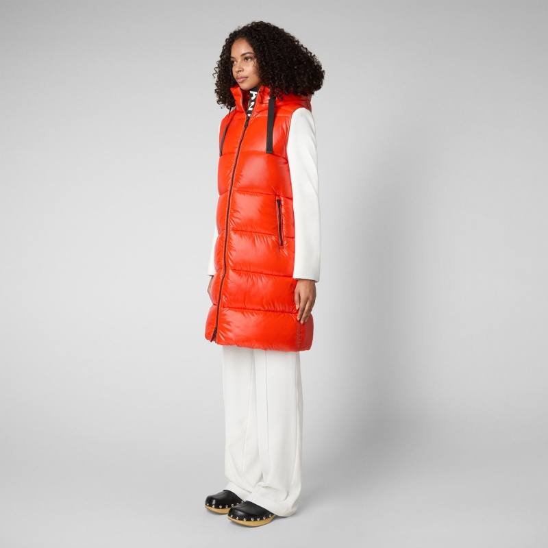 Save The Duck Iria Long Encapuchado Puffer Vest Rojas | COSPK9534