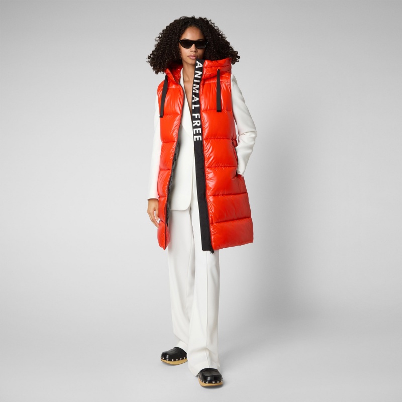 Save The Duck Iria Long Encapuchado Puffer Vest Rojas | COSPK9534
