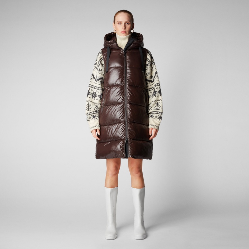 Save The Duck Iria Long Encapuchado Puffer Vest Marrones Negras | EAOJW6917