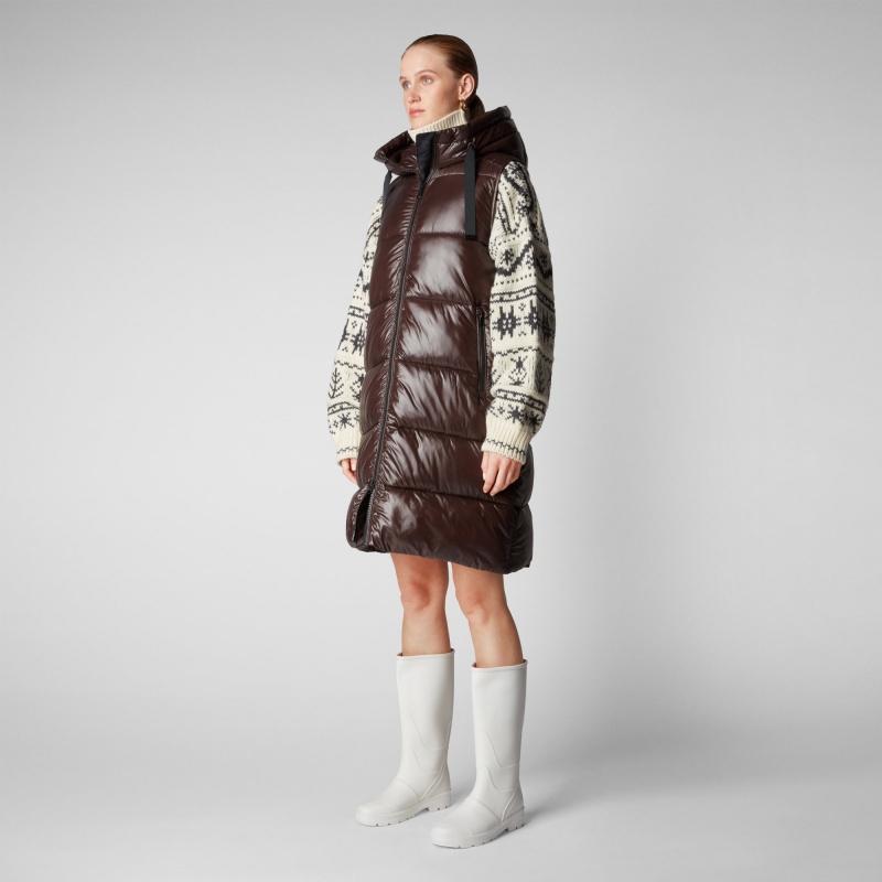 Save The Duck Iria Long Encapuchado Puffer Vest Marrones Negras | EAOJW6917