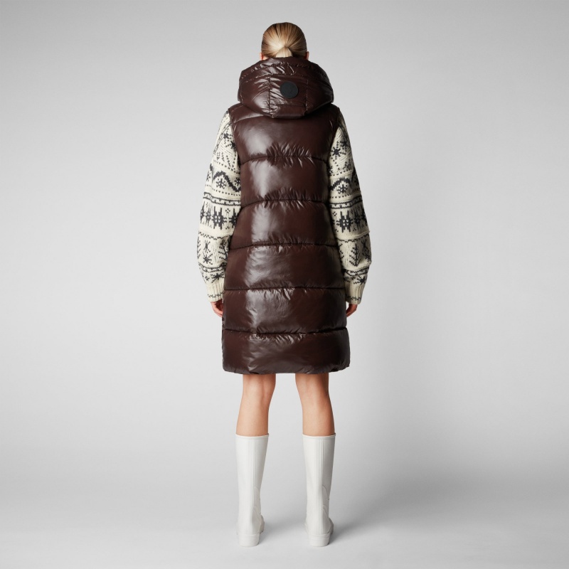 Save The Duck Iria Long Encapuchado Puffer Vest Marrones Negras | EAOJW6917