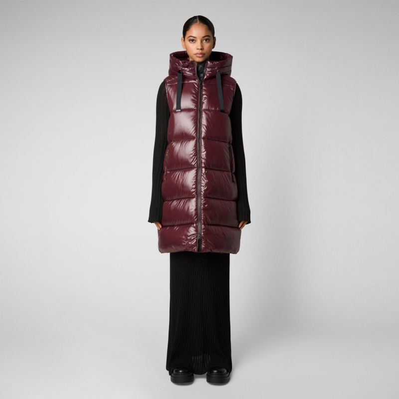 Save The Duck Iria Long Encapuchado Puffer Vest Burdeos Negras | FGKHJ2546