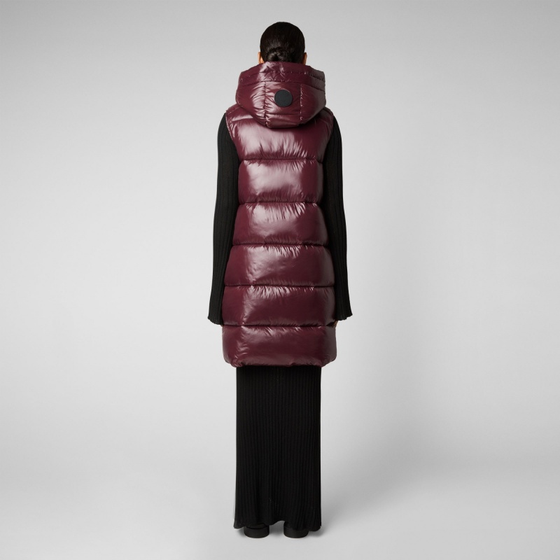 Save The Duck Iria Long Encapuchado Puffer Vest Burdeos Negras | FGKHJ2546