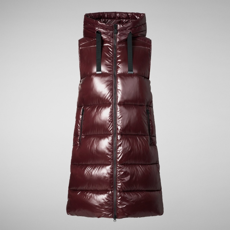 Save The Duck Iria Long Encapuchado Puffer Vest Burdeos Negras | FGKHJ2546