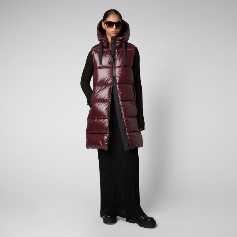 Save The Duck Iria Long Encapuchado Puffer Vest Burdeos Negras | FGKHJ2546