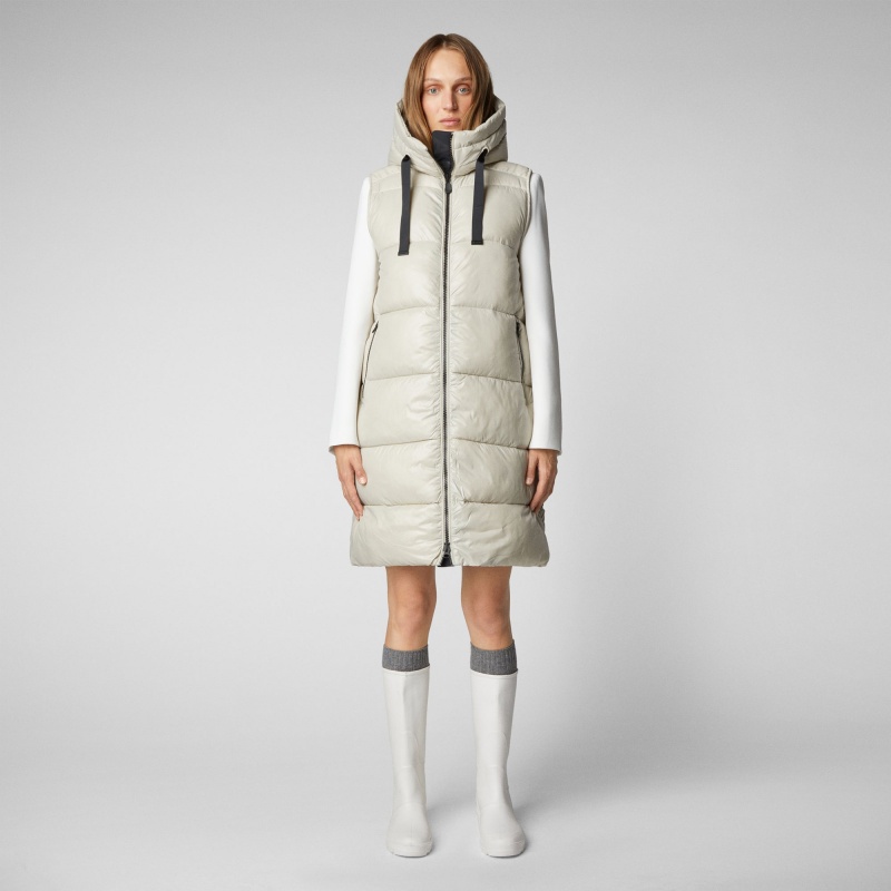 Save The Duck Iria Long Encapuchado Puffer Vest Beige | ESVTW9026