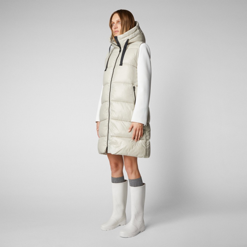Save The Duck Iria Long Encapuchado Puffer Vest Beige | ESVTW9026