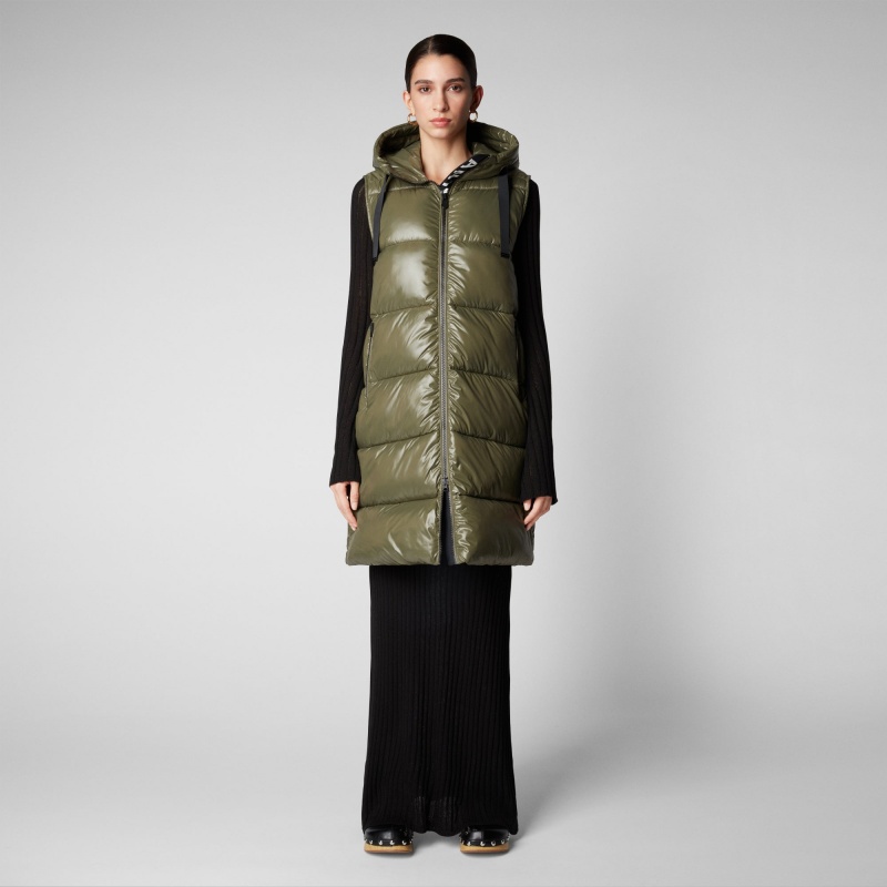 Save The Duck Iria Long Encapuchado Puffer Vest Verde | NGYJF5472