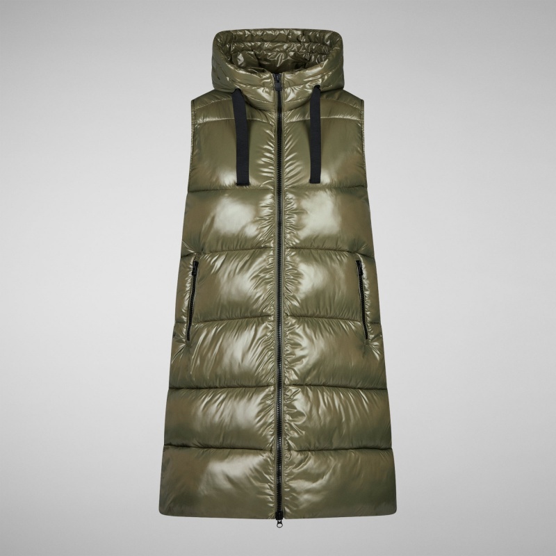 Save The Duck Iria Long Encapuchado Puffer Vest Verde | NGYJF5472