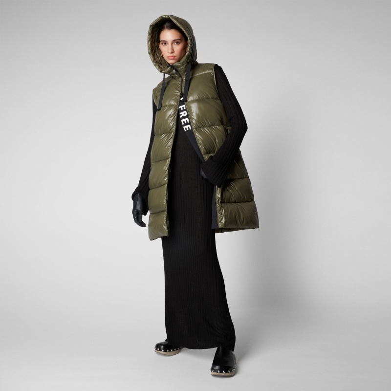 Save The Duck Iria Long Encapuchado Puffer Vest Verde | NGYJF5472