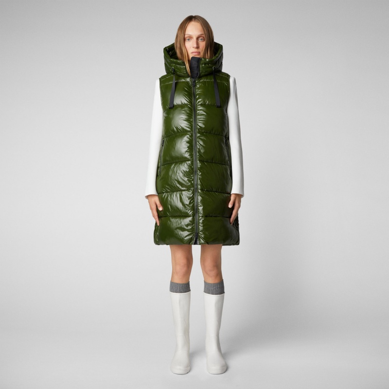 Save The Duck Iria Long Encapuchado Puffer Vest Verde | KMXAT7659