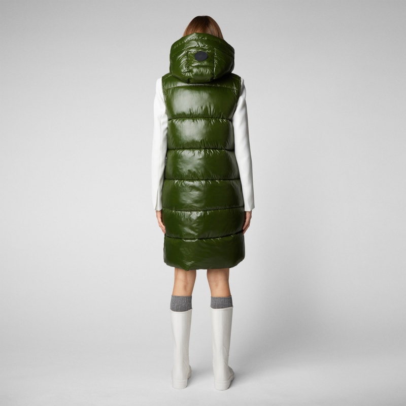 Save The Duck Iria Long Encapuchado Puffer Vest Verde | KMXAT7659