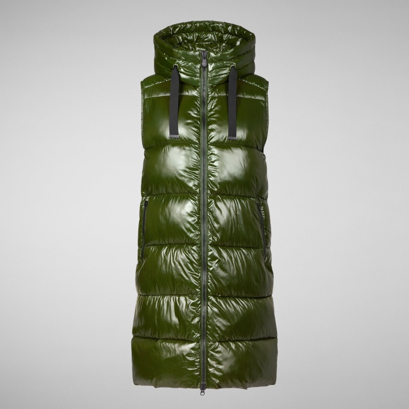 Save The Duck Iria Long Encapuchado Puffer Vest Verde | KMXAT7659