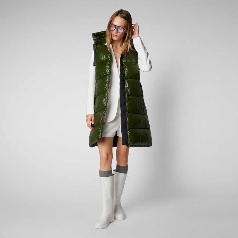 Save The Duck Iria Long Encapuchado Puffer Vest Verde | KMXAT7659