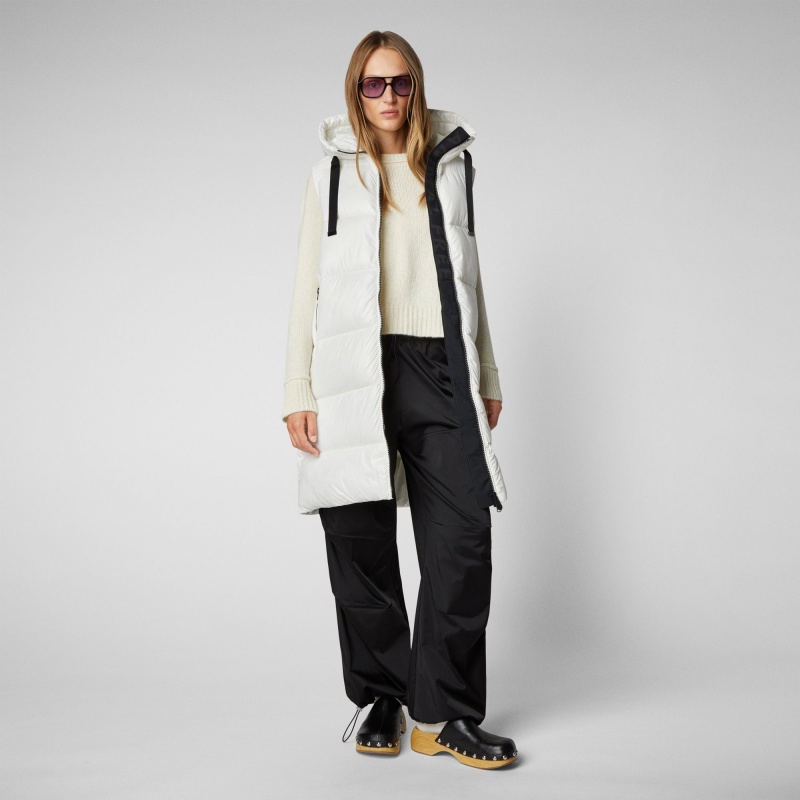 Save The Duck Iria Long Encapuchado Puffer Vest Blancas | QJKNG0143