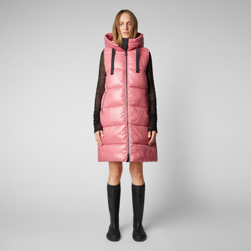 Save The Duck Iria Long Encapuchado Puffer Vest Rosas | EDTYC4157