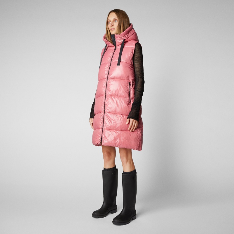 Save The Duck Iria Long Encapuchado Puffer Vest Rosas | EDTYC4157