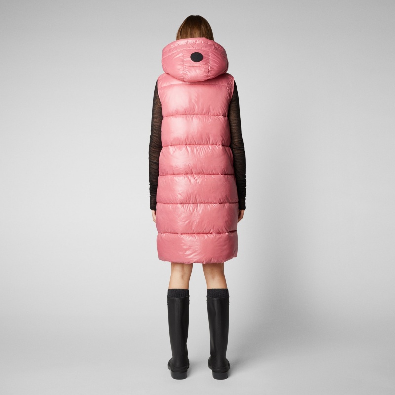 Save The Duck Iria Long Encapuchado Puffer Vest Rosas | EDTYC4157