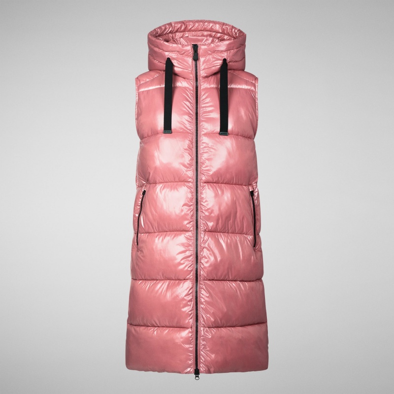 Save The Duck Iria Long Encapuchado Puffer Vest Rosas | EDTYC4157