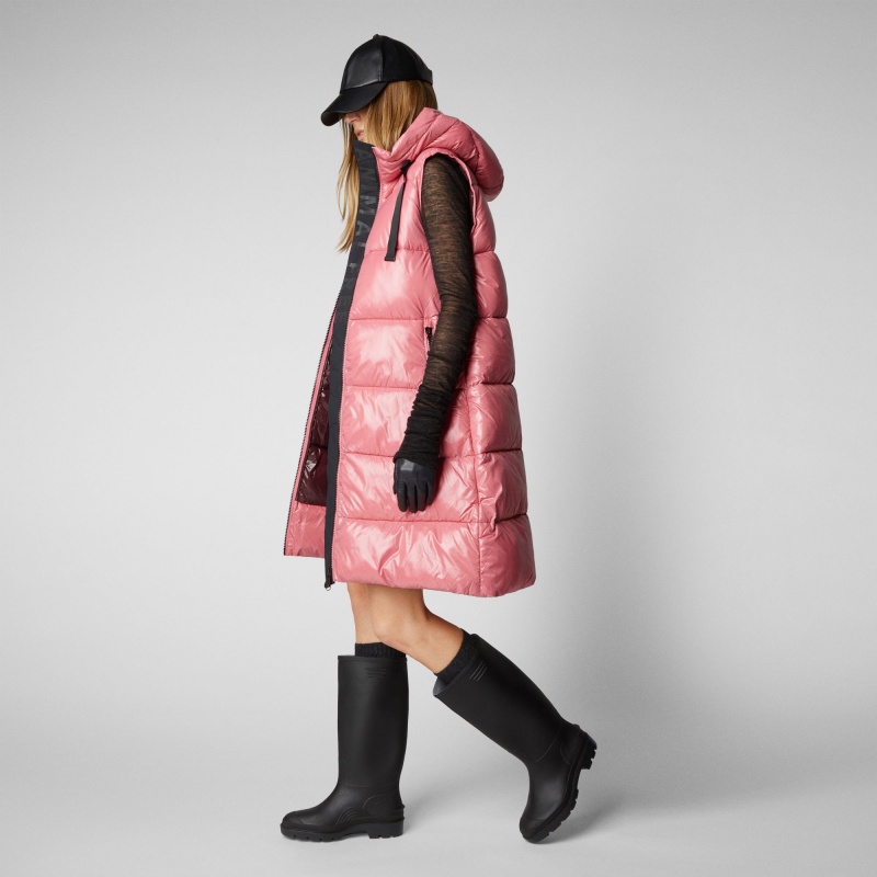 Save The Duck Iria Long Encapuchado Puffer Vest Rosas | EDTYC4157