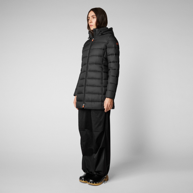Save The Duck Joanne Puffer Coat with Faux Fur Lining & Detachable Hood Negras | FEKUG4286