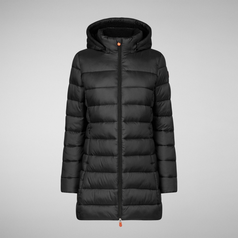 Save The Duck Joanne Puffer Coat with Faux Fur Lining & Detachable Hood Negras | FEKUG4286