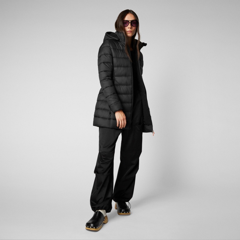 Save The Duck Joanne Puffer Coat with Faux Fur Lining & Detachable Hood Negras | FEKUG4286