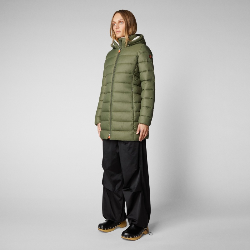 Save The Duck Joanne Puffer Coat with Faux Fur Lining & Detachable Hood Verde | RDYWM6912