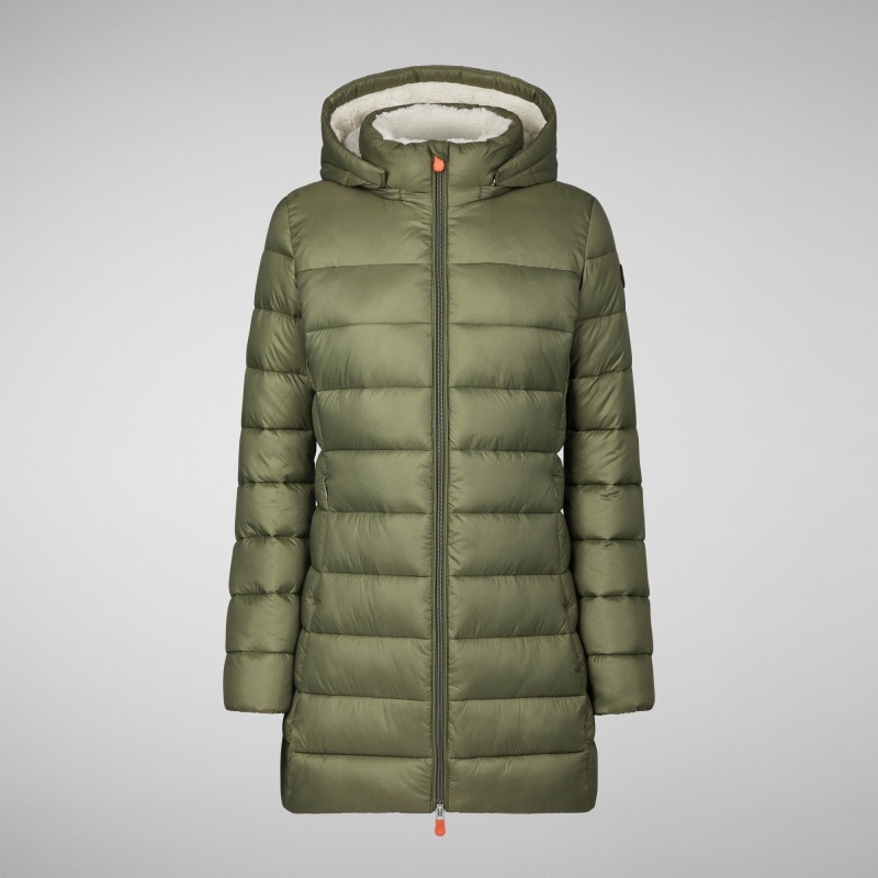 Save The Duck Joanne Puffer Coat with Faux Fur Lining & Detachable Hood Verde | RDYWM6912