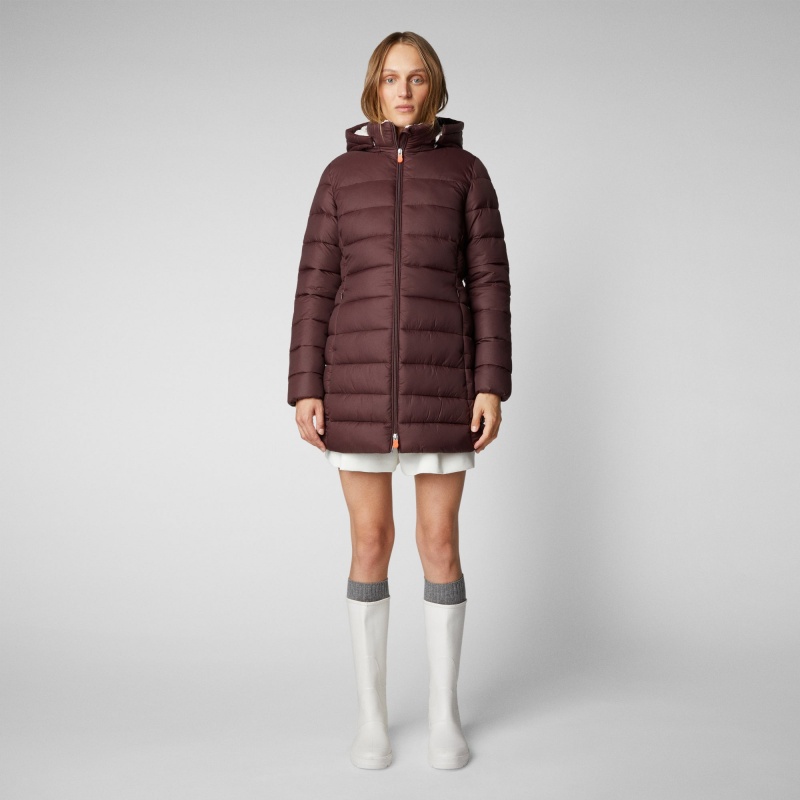 Save The Duck Joanne Puffer Coat with Faux Fur Lining & Detachable Hood Burdeos Negras | GLXDN6203