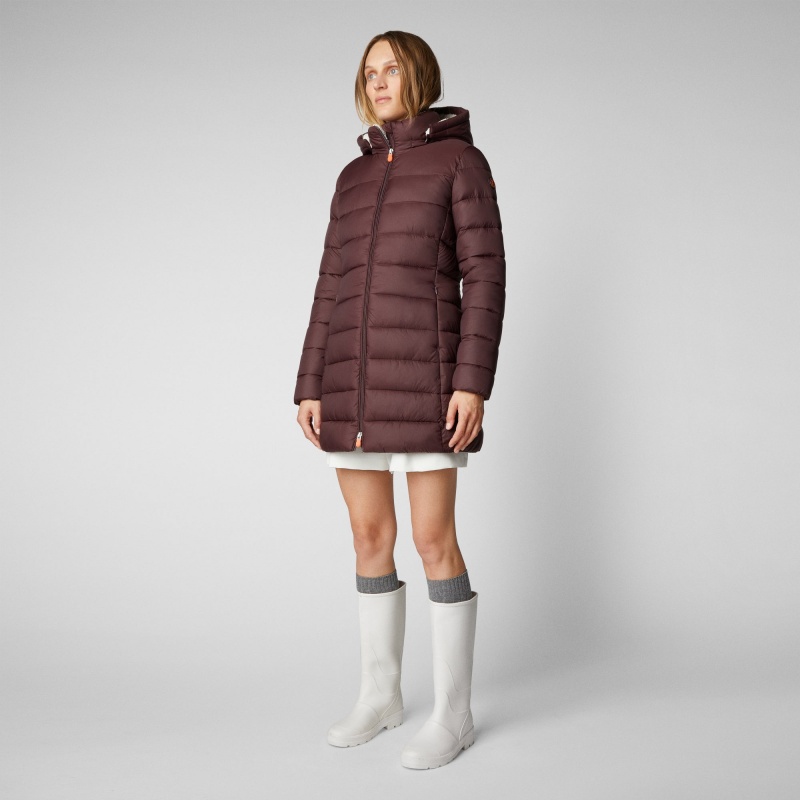 Save The Duck Joanne Puffer Coat with Faux Fur Lining & Detachable Hood Burdeos Negras | GLXDN6203