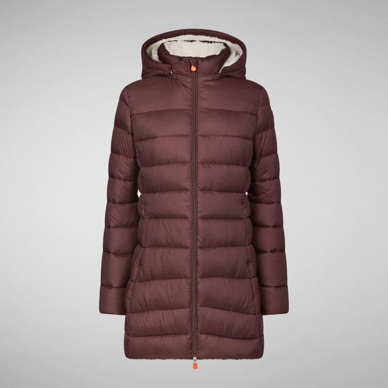 Save The Duck Joanne Puffer Coat with Faux Fur Lining & Detachable Hood Burdeos Negras | GLXDN6203