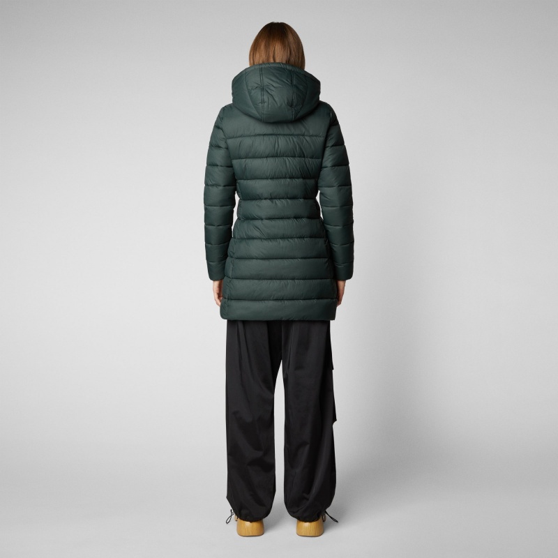 Save The Duck Joanne Puffer Coat with Faux Fur Lining & Detachable Hood Verde Negras | DHTQY5146