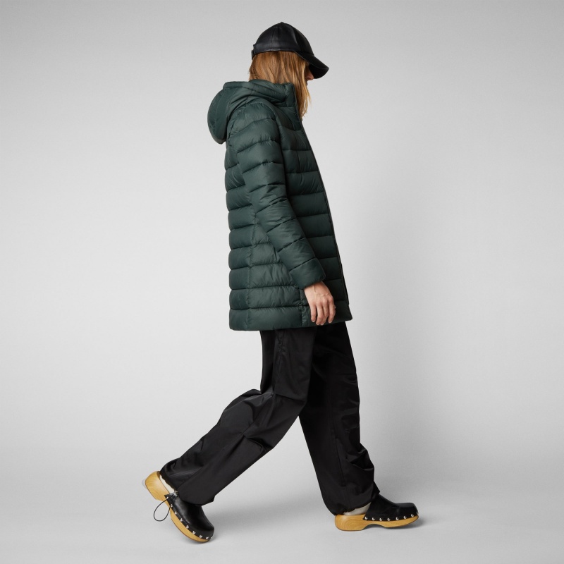 Save The Duck Joanne Puffer Coat with Faux Fur Lining & Detachable Hood Verde Negras | DHTQY5146