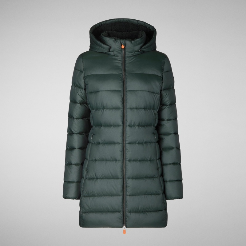 Save The Duck Joanne Puffer Coat with Faux Fur Lining & Detachable Hood Verde Negras | DHTQY5146