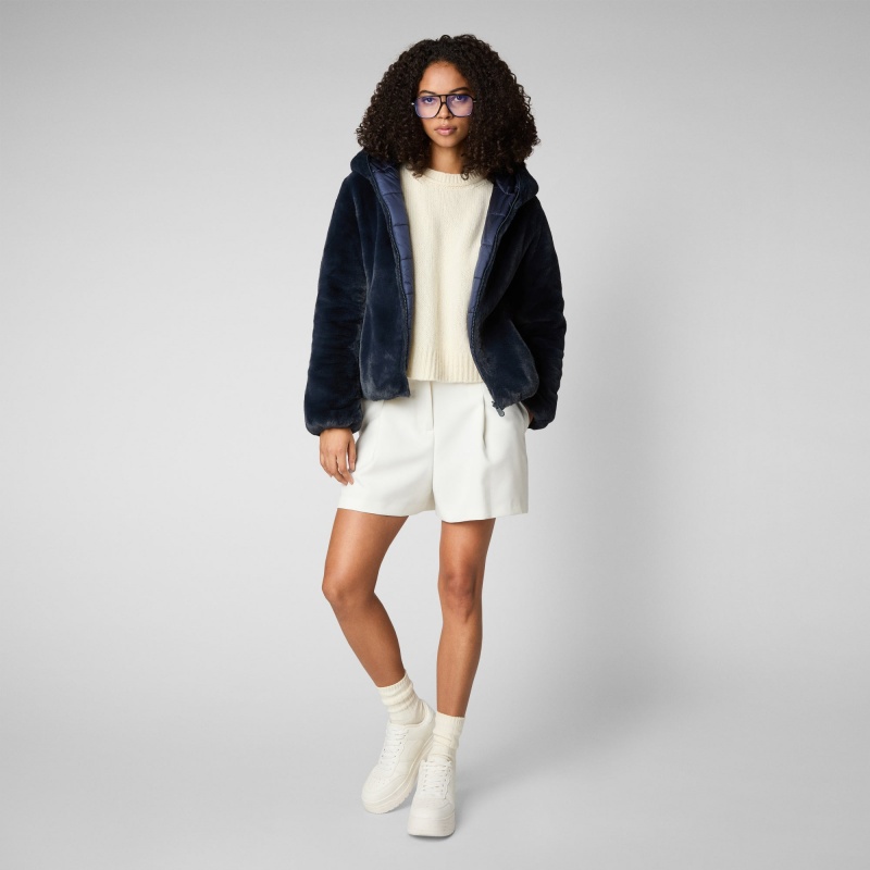 Save The Duck Laila Reversible Encapuchado Jacket Azules Negras | OYTHV4180