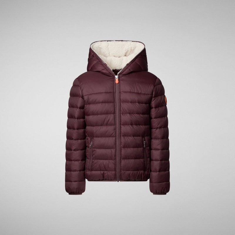 Save The Duck Lemy Encapuchado Puffer Jacket with Faux Fur Lining Burdeos Negras | UEXFD3927