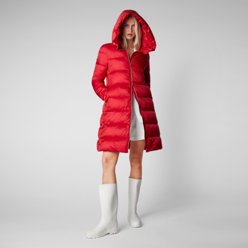 Save The Duck Lysa Encapuchado Puffer Coat Rojas | QWTDC4267