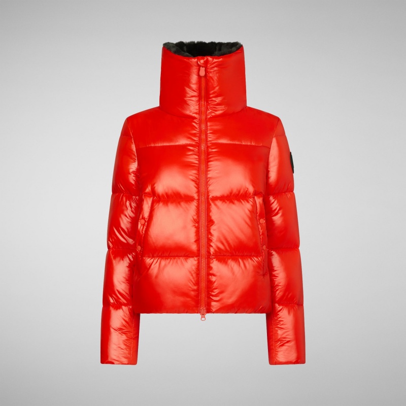 Save The Duck Moma Puffer Jacket with Faux Fur Lining Rojas | GWNBQ1647