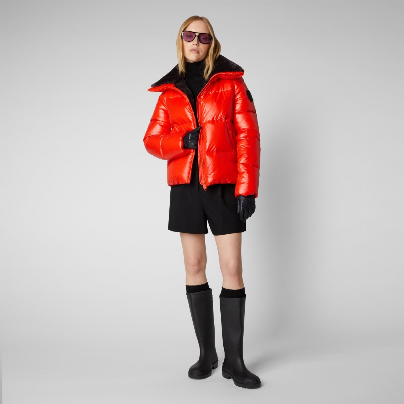 Save The Duck Moma Puffer Jacket with Faux Fur Lining Rojas | GWNBQ1647