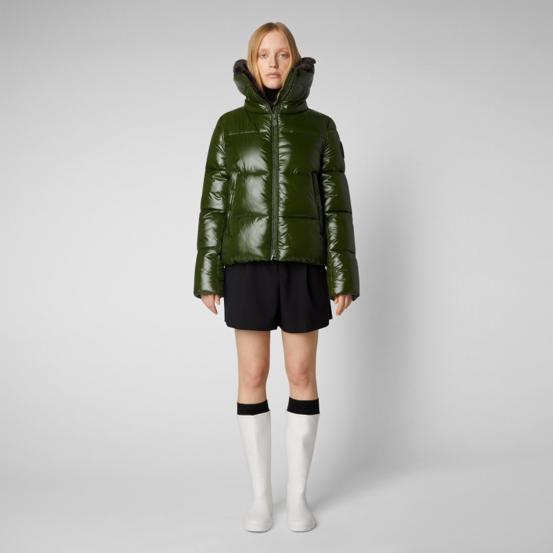 Save The Duck Moma Puffer Jacket with Faux Fur Lining Verde | CIOKJ1750