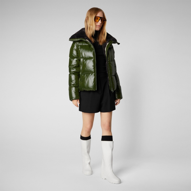 Save The Duck Moma Puffer Jacket with Faux Fur Lining Verde | CIOKJ1750