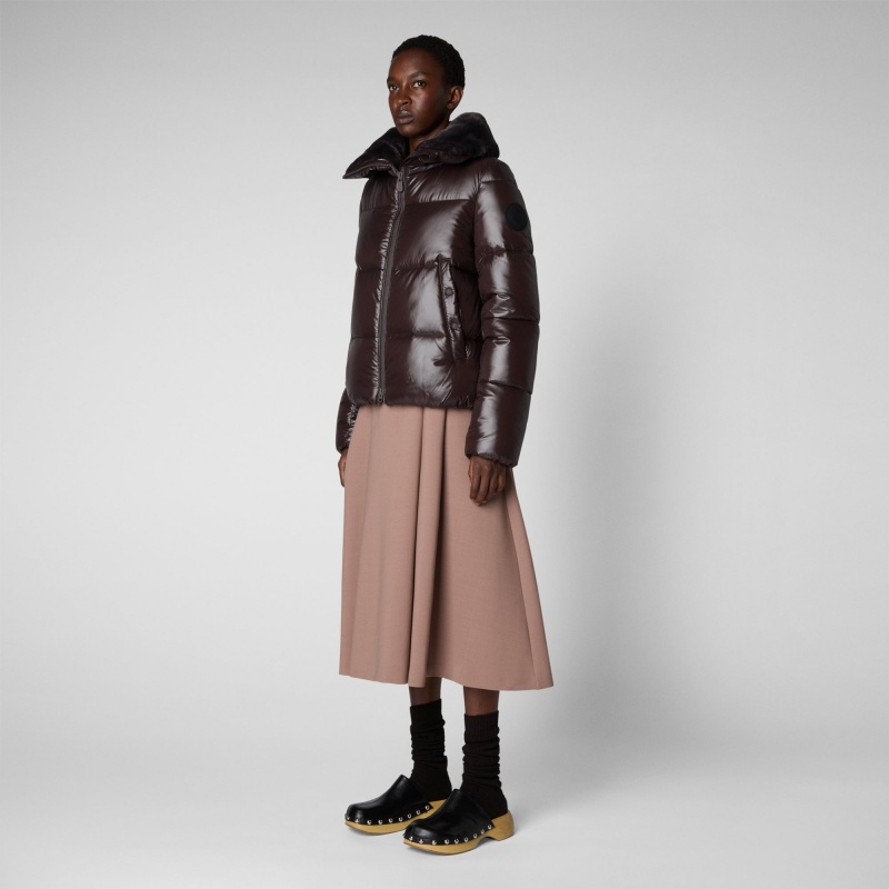 Save The Duck Moma Puffer Jacket with Faux Fur Lining Marrones Negras | UZROM6758